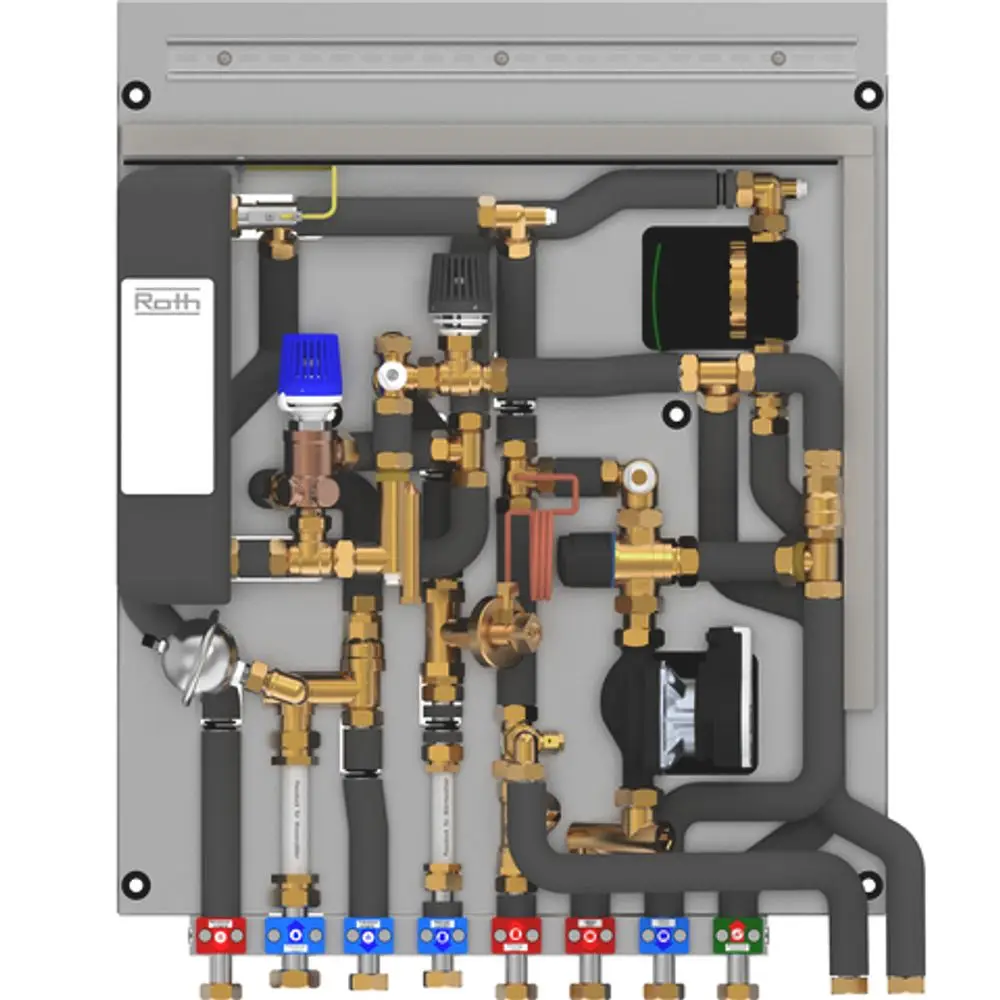 Roth Wohnungsstation mit verschiedenen Rohrleitungen, Ventilen und Anschlüssen, die für Heizungs- und Warmwassersysteme konzipiert ist.